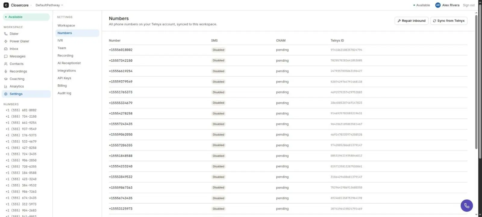 Closercore number inventory table with SMS, CNAM, and Telnyx ID columns