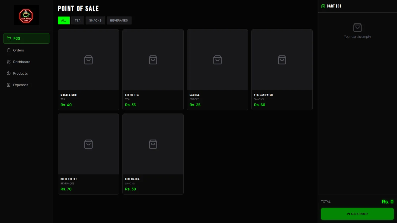 Cloud POS main point of sale screen with product grid