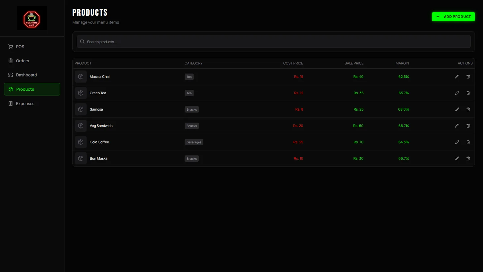 Cloud POS products management page