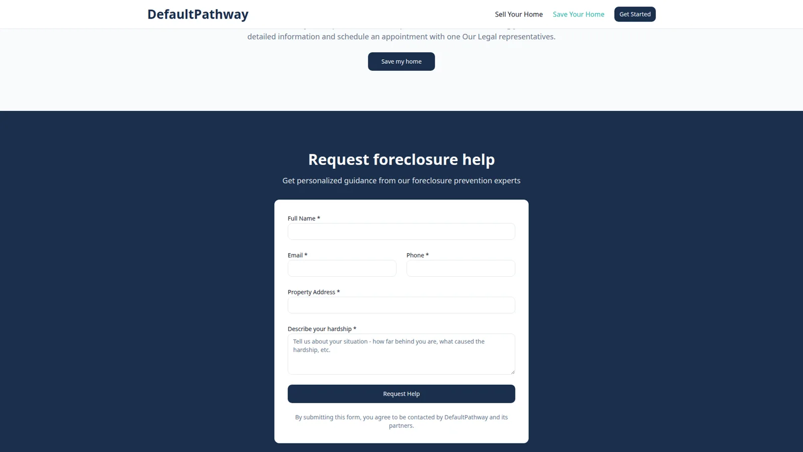 DefaultPathway Save Home intake page